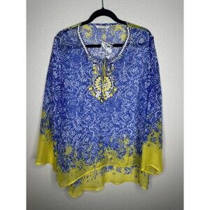 Soft Surroundings Blouse Womens Large Boho Beaded Sheer Top Embellished Tunic